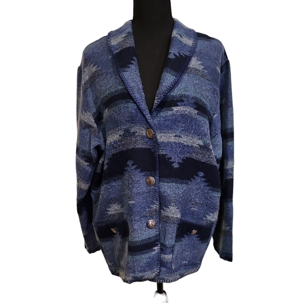Teddi Rare 80's Navajo Pattern Knit Button Up Cardigan Blue 100% Acrylic Size M